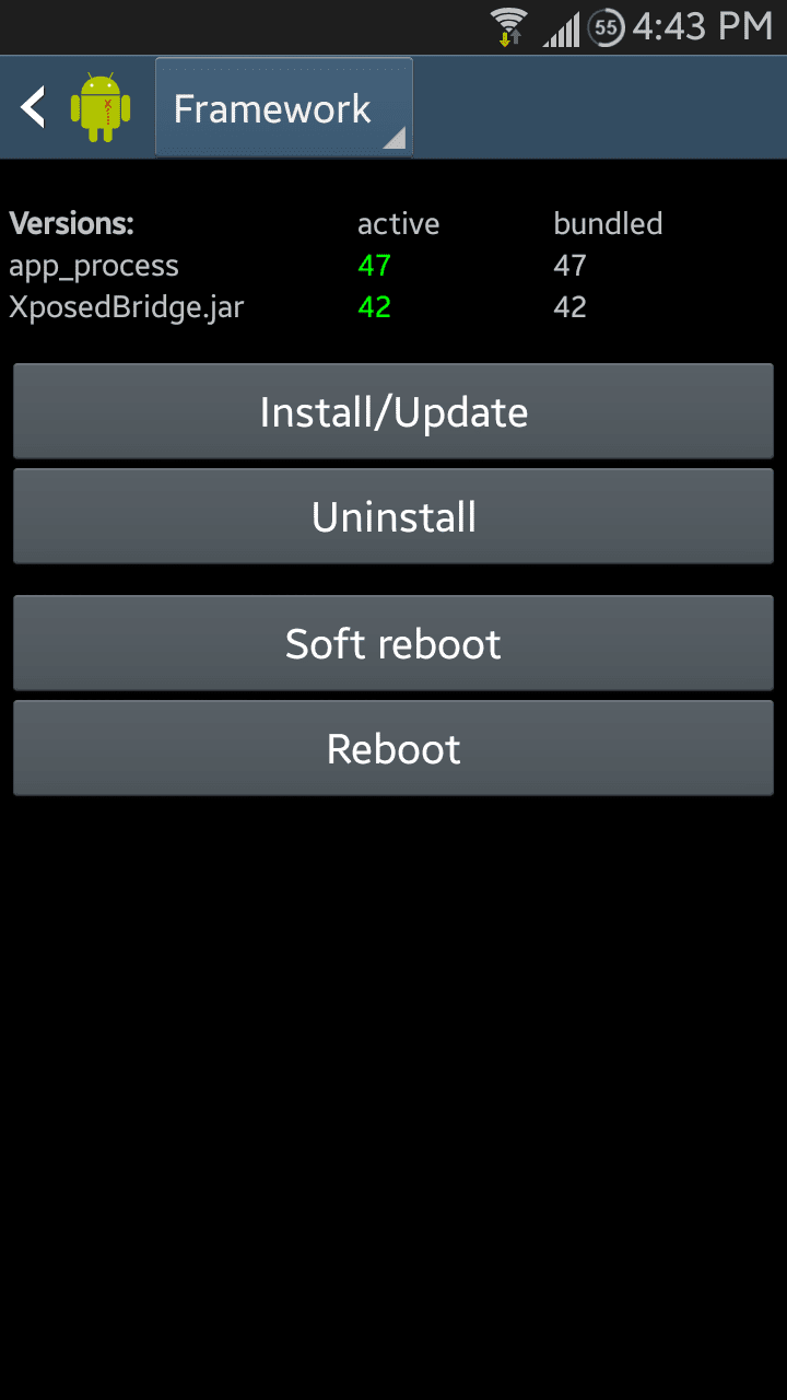 Versions display and reboot