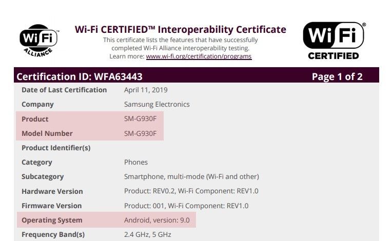 Samsung Galaxy S7 Android 9 Pie Certification