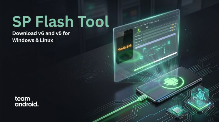 SP Flash Tool interface on laptop with Android phone connected via USB, showing firmware flashing process for MediaTek devices