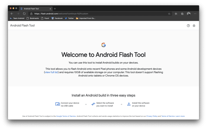 Android Flash Tool in Microsoft Edge