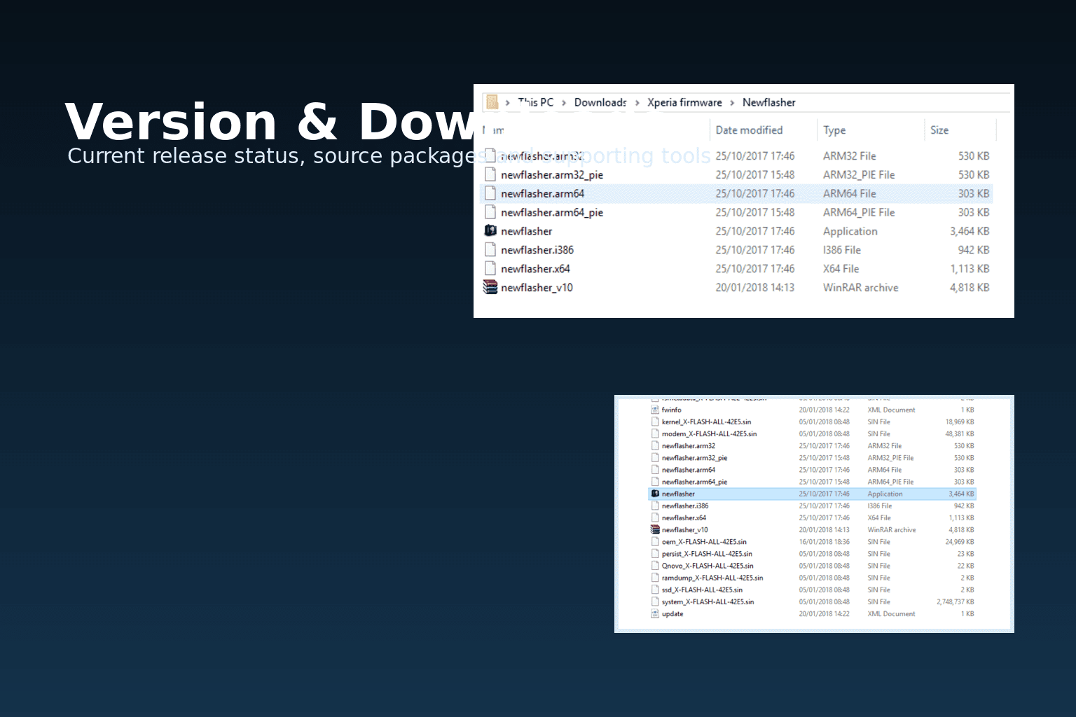 Download Newflasher for Sony Xperia (Latest v60) + Flashing Guide 2 Newflasher download section image showing package folders and tool files for Sony Xperia firmware flashing
