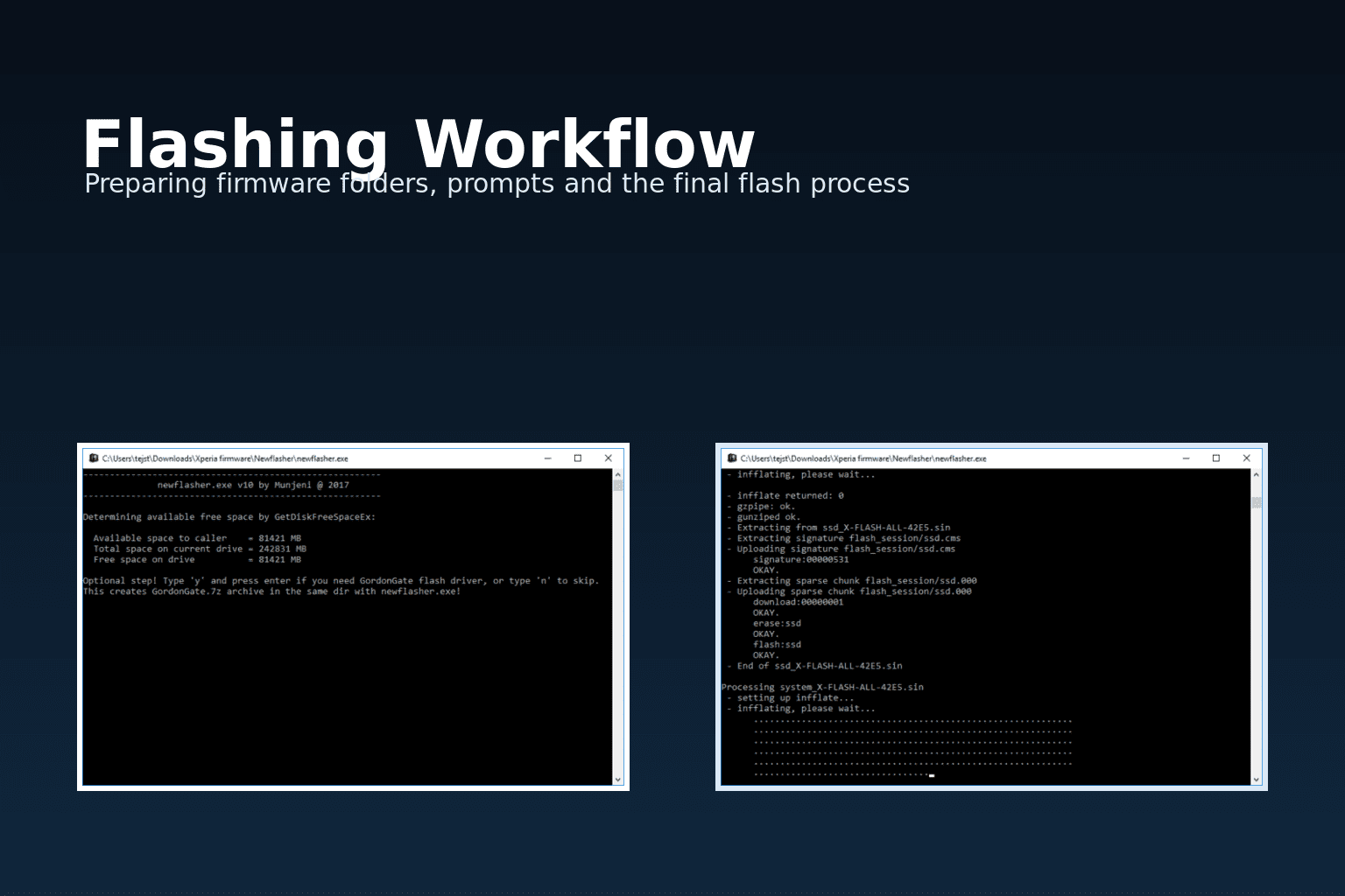 Download Newflasher for Sony Xperia (Latest v60) + Flashing Guide 6 Newflasher workflow image showing command prompts and Sony Xperia firmware flashing progress