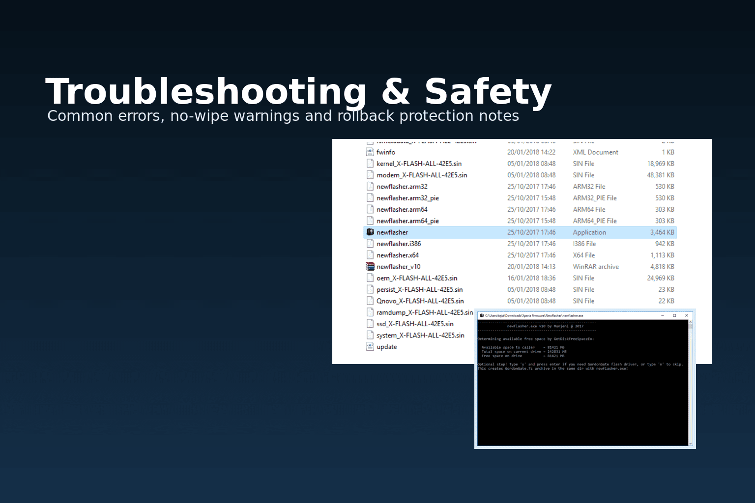 Download Newflasher for Sony Xperia (Latest v60) + Flashing Guide 10 Newflasher troubleshooting image showing firmware files and command prompt errors for Sony Xperia flashing