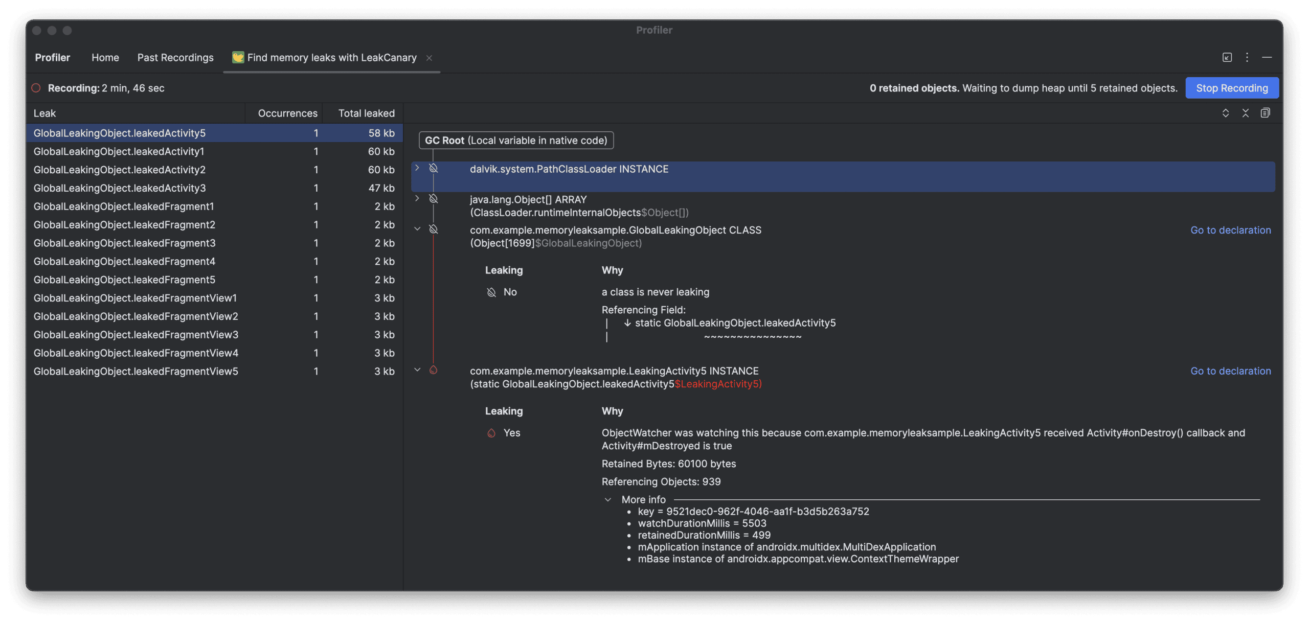 Android Studio Quail displaying a LeakCanary memory leak analysis