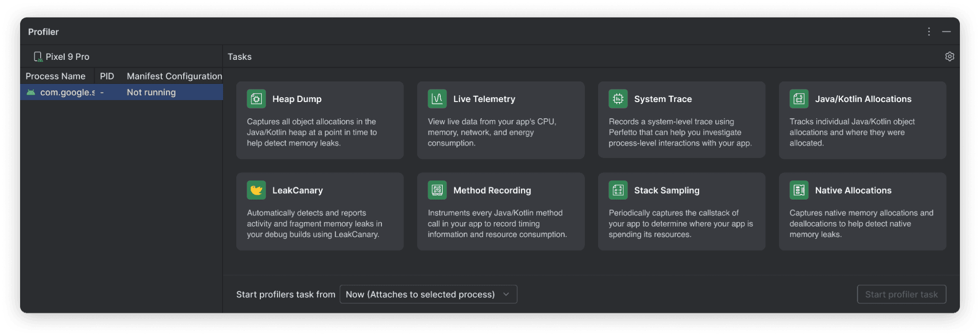 Android Studio Quail Profiler showing the LeakCanary task