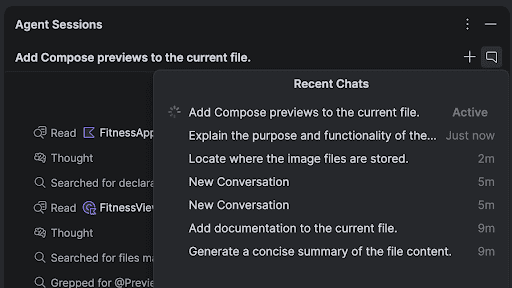 Android Studio Quail showing multiple active Agent Mode conversations